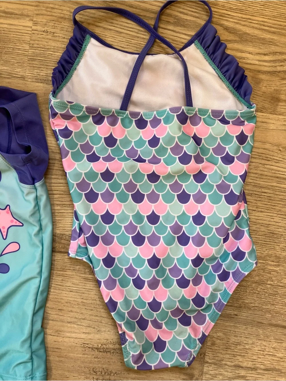 Girls' Blue & Purple Little Mermaid Rash Guard Top and Swimsuit Set